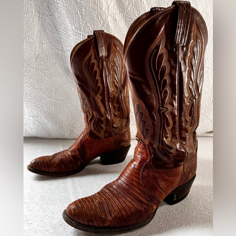 Vintage Tony Lama Lizard Foot Cowboy Boots 8540 Men 9.5 B Brown Leather Western